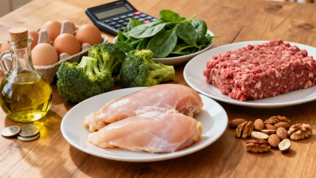 Alimentos keto económicos en cocina hogareña con huevos, verduras, pollo, carne molida y aceite de oliva, junto a calculadora y monedas, representando cómo ahorrar dinero mientras se sigue la dieta keto.