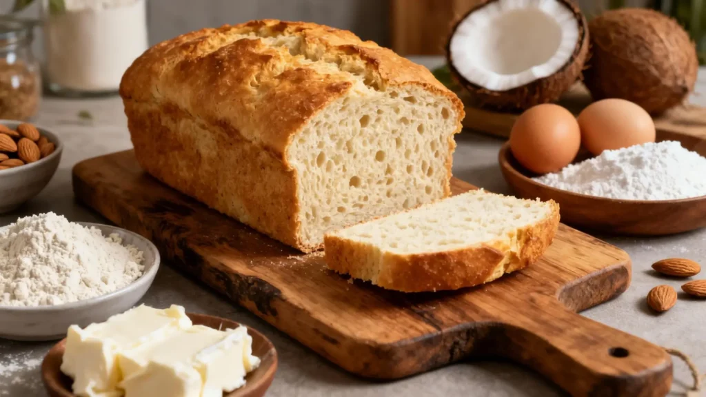 Pan keto casero recién horneado, con textura suave y esponjosa, rodeado de ingredientes económicos como harina de almendra, harina de coco, huevos y queso crema, ideal para dieta keto y recetas keto baratas.