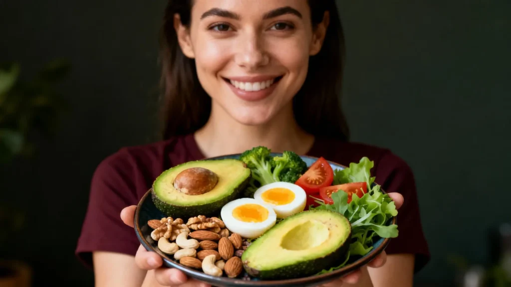 Persona saludable sosteniendo un plato con alimentos keto coloridos para mantener progreso en la dieta cetogénica, incluyendo aguacate, nueces y vegetales frescos.