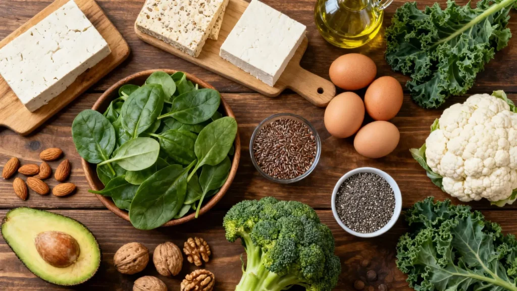 Alimentos clave para la dieta keto sin carne: tofu, tempeh, huevos, aguacate, vegetales bajos en carbohidratos y frutos secos para una nutrición balanceada.