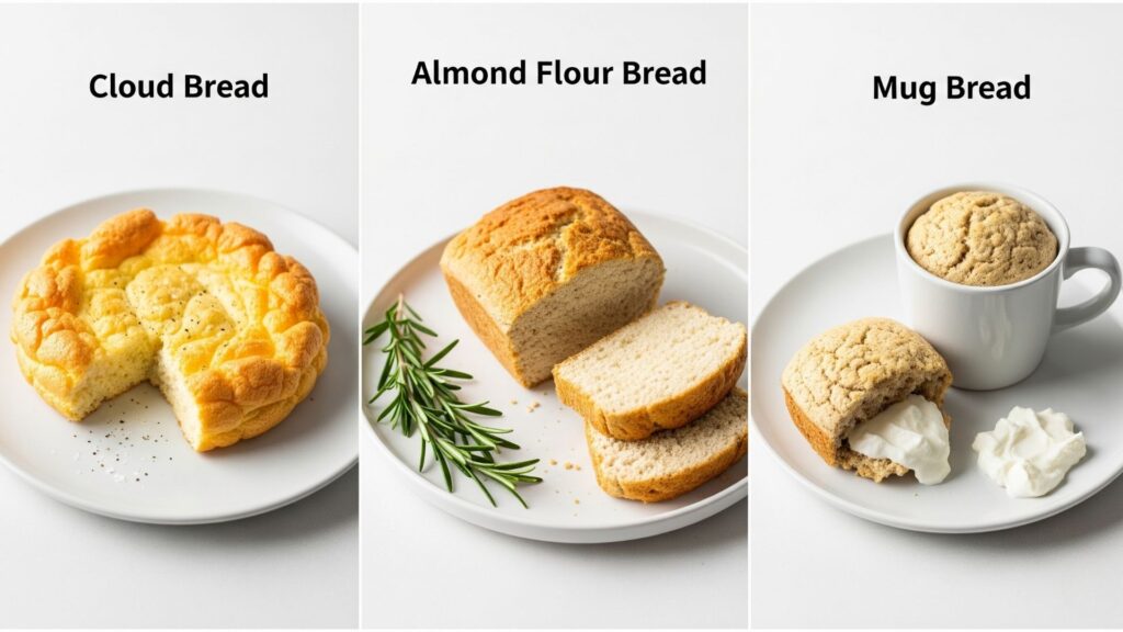 Collage visual de tres tipos de pan keto: pan nube, pan de almendras y pan en taza, servidos de forma apetitosa sobre platos modernos. Fondo limpio y luz natural.