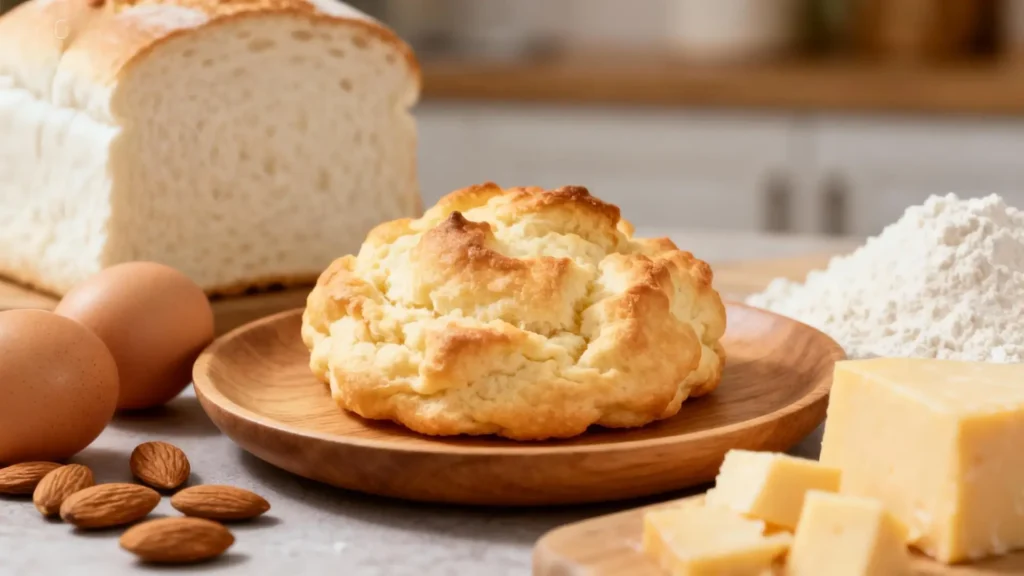 Alternativa de pan keto como pan nube o pan de almendra en un plato de madera con huevos, harina de almendras y queso, en contraste con pan blanco tradicional al fondo.