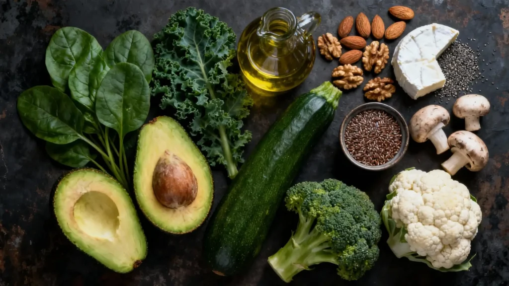 Principales alimentos keto sin carne en un plan vegetariano: aguacate, frutos secos, semillas, vegetales bajos en carbohidratos y queso sobre fondo rústico oscuro.