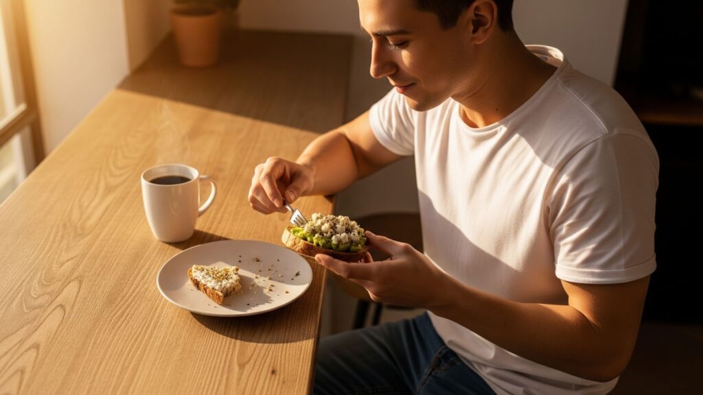 Persona relajada disfrutando una tostada keto con café en la mañana. Luz cálida, ambiente tranquilo, expresión de satisfacción. En la mesa, pan keto con ingredientes saludables.