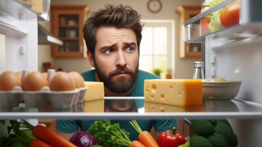 Persona mirando la nevera con expresión de duda, dentro del refrigerador se ven huevos, queso, vegetales. Estilo cotidiano, fondo de cocina realista y luz suave.