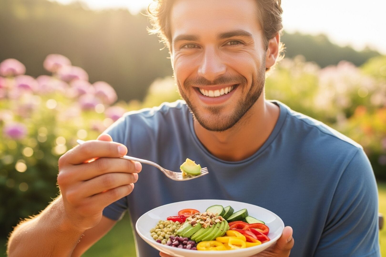 Foto inspiradora de una persona joven y saludable disfrutando una comida keto vegetariana, con sonrisa, en ambiente cálido y natural, transmitiendo bienestar, equilibrio y energía positiva.