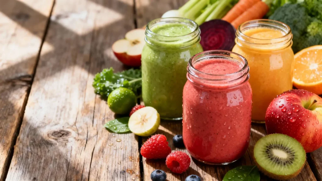 Batidos caseros saludables para bajar de peso, con frutas y vegetales frescos, promoviendo energía y bienestar diario.