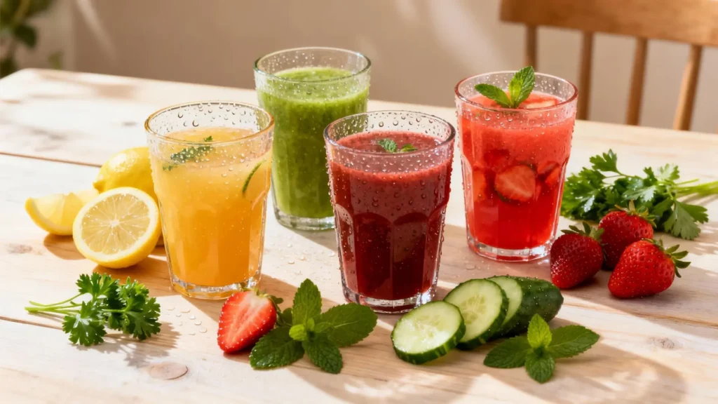 Bebidas detox naturales y saludables con frutas frescas y hierbas, mostrando colores vibrantes y frescura, ideales para mejorar la salud y energía diaria.