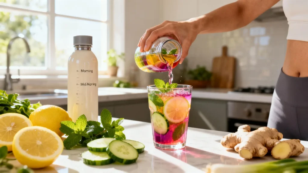 Persona preparando bebidas detox naturales en casa con limón, pepino, menta y jengibre, siguiendo consejos prácticos y efectivos para tomar jugos detox saludables.