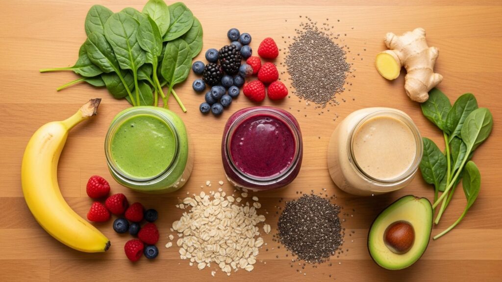 Imagen tipo flat-lay con tres batidos saludables para bajar de peso en vasos transparentes. Cada batido de un color distinto: verde, morado y beige cremoso. Alrededor, ingredientes frescos como espinaca, frutos rojos, plátano, semillas de chía, avena, aguacate y jengibre. Fondo de madera clara o mármol blanco. Luz natural brillante y ambiente saludable moderno.