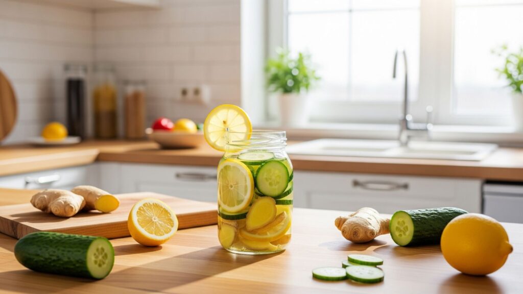 Bebida detox natural con limón, pepino y jengibre para un estilo de vida saludable.