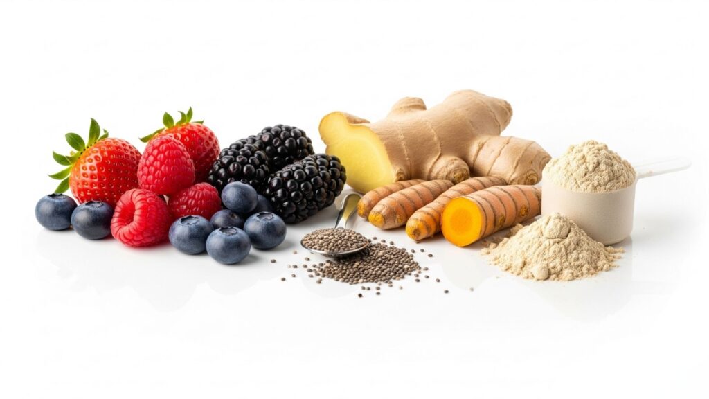  Ingredientes alineados visualmente con etiquetas: frutas, jengibre, cúrcuma, chía, proteína vegetal.