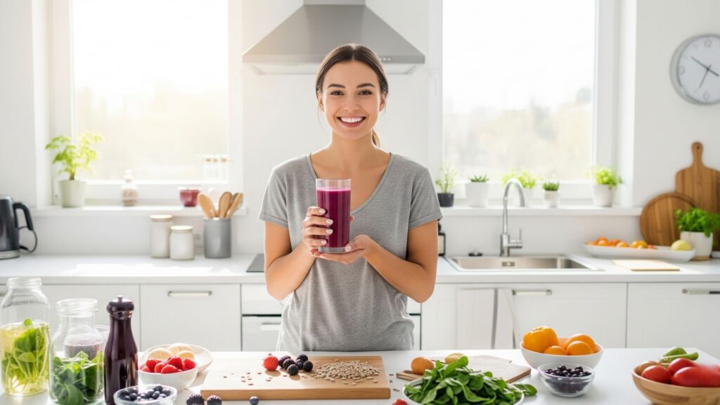 Persona feliz en la cocina, sosteniendo un batido casero verde o morado, con ingredientes frescos en la mesa.