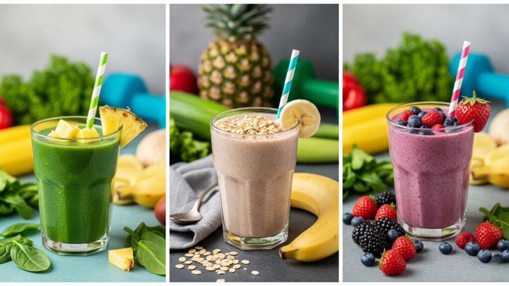 Collage de los tres batidos presentados: verde detox, cremoso de avena y antioxidante de frutos rojos.