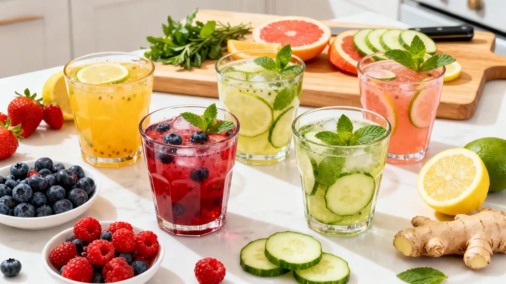 Recetas de bebidas detox fáciles y naturales con limón, pepino, menta, jengibre y frutos rojos, listas para preparar en casa de manera saludable.