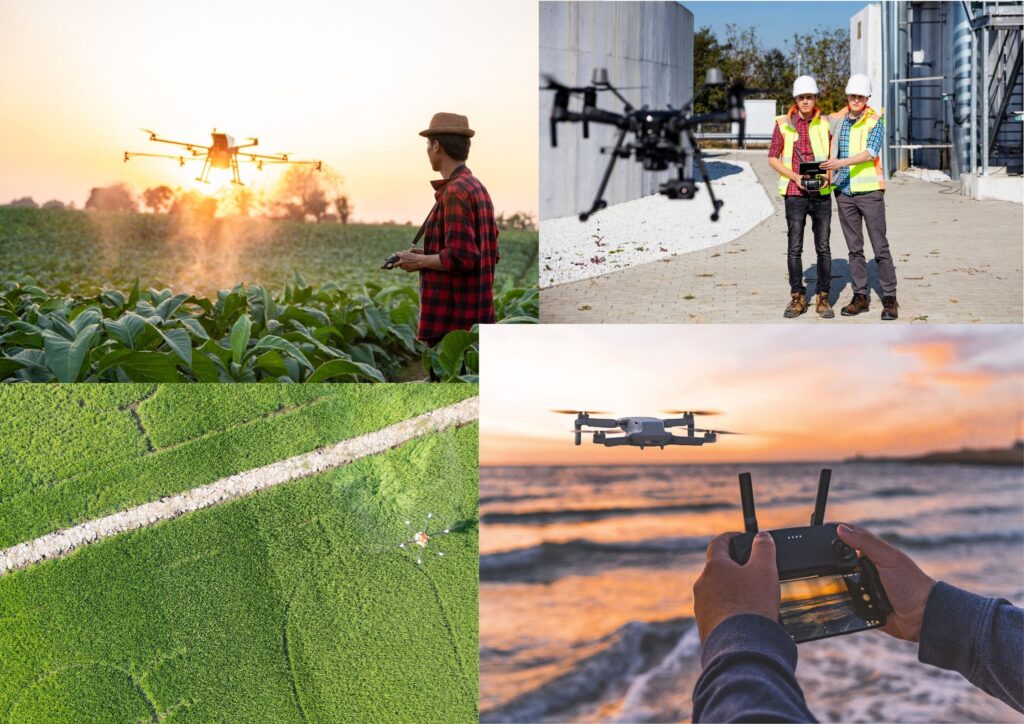 Diferentes fotografías de profesionales usando drones para su trabajo