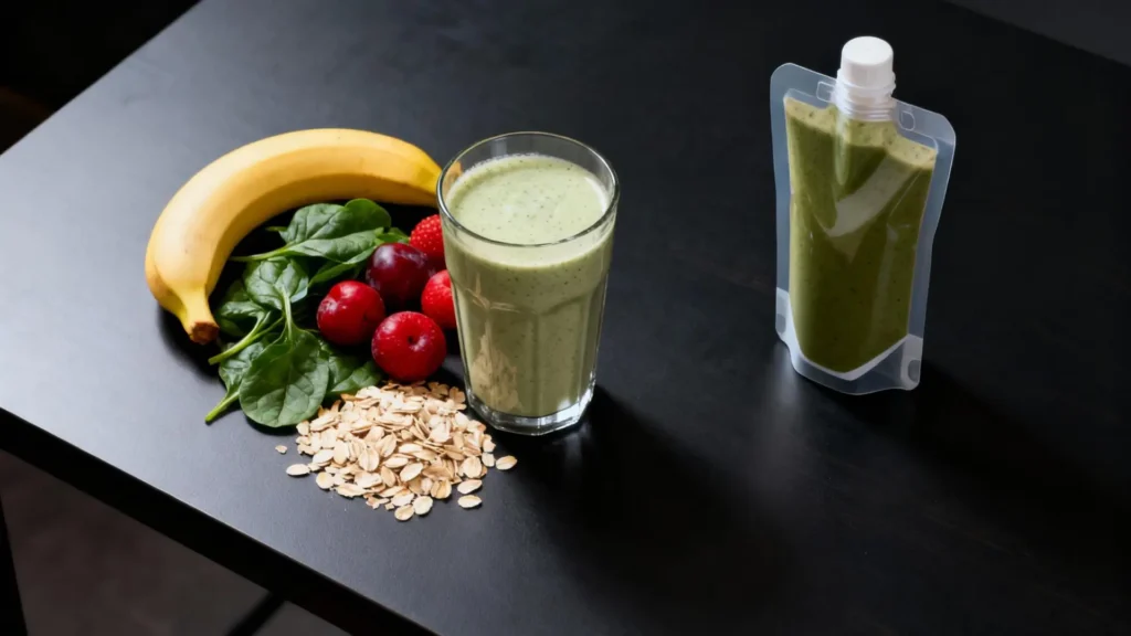 Comparativa visual de batidos caseros y comerciales para la salud: diferencia de costos por porción, nutrición y ahorro.