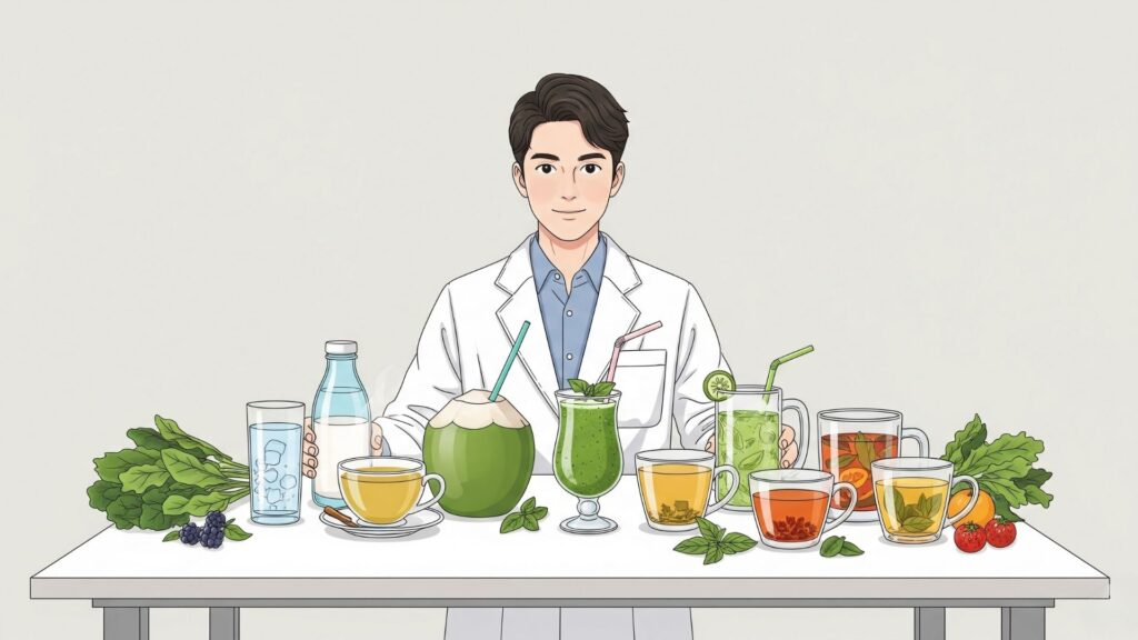 Ilustración limpia y profesional de un nutricionista mostrando un grupo diverso de bebidas saludables en una mesa: agua, té verde, agua de coco, batidos verdes y infusiones de hierbas. Fondo claro, estilo moderno y fresco, con elementos que sugieran salud, naturaleza y ciencia.