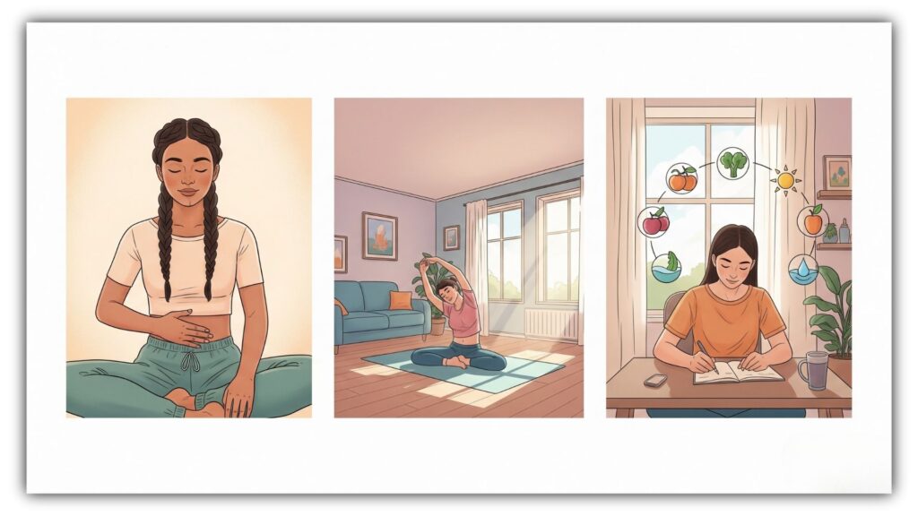 Ilustración de una persona aplicando técnicas naturales para calmar la ansiedad: respiración consciente, movimiento corporal y hábitos saludables en su rutina diaria