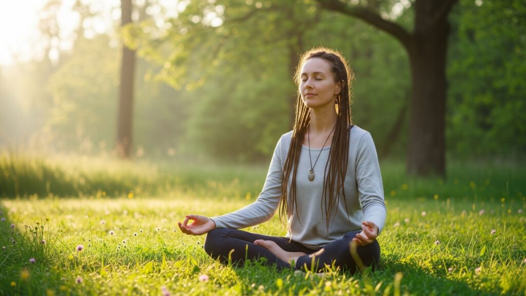 Persona meditando al aire libre al amanecer, en un entorno tranquilo.