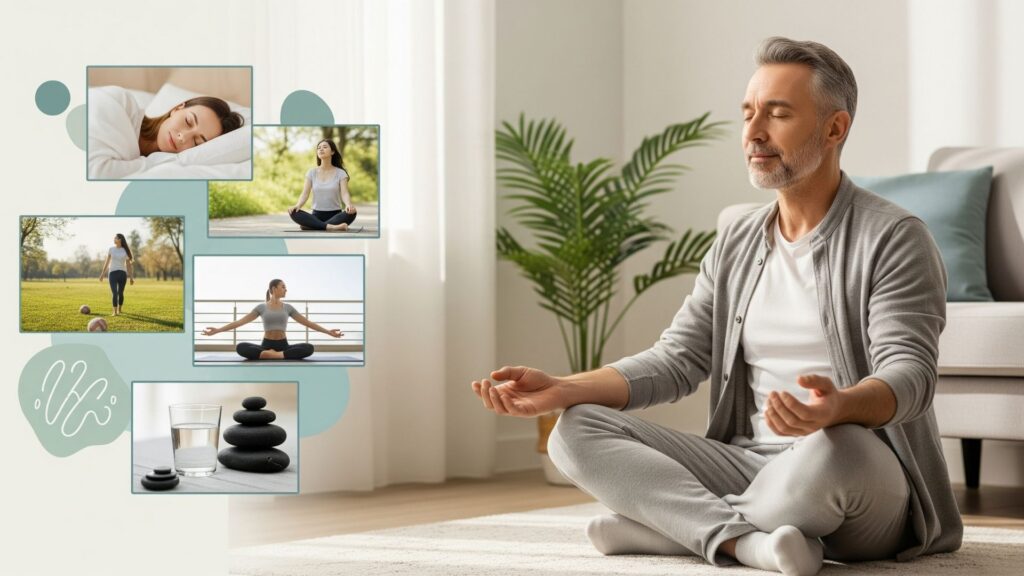 Persona relajada en postura de respiración consciente, con fondo natural o ambiente cálido que inspira calma y bienestar.