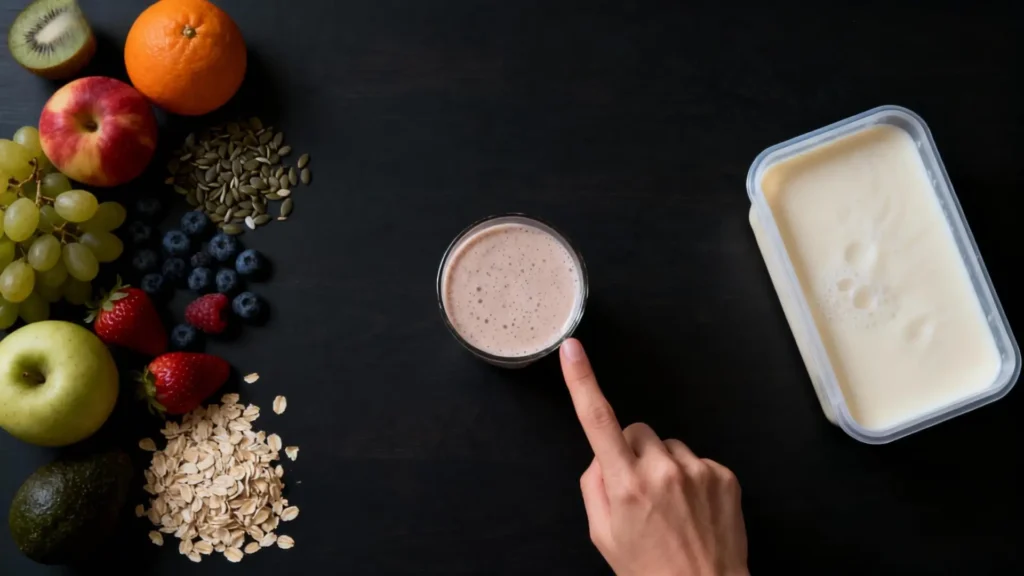 Comparativa final de batido casero y comercial, eligiendo la opción más saludable para un estilo de vida equilibrado.