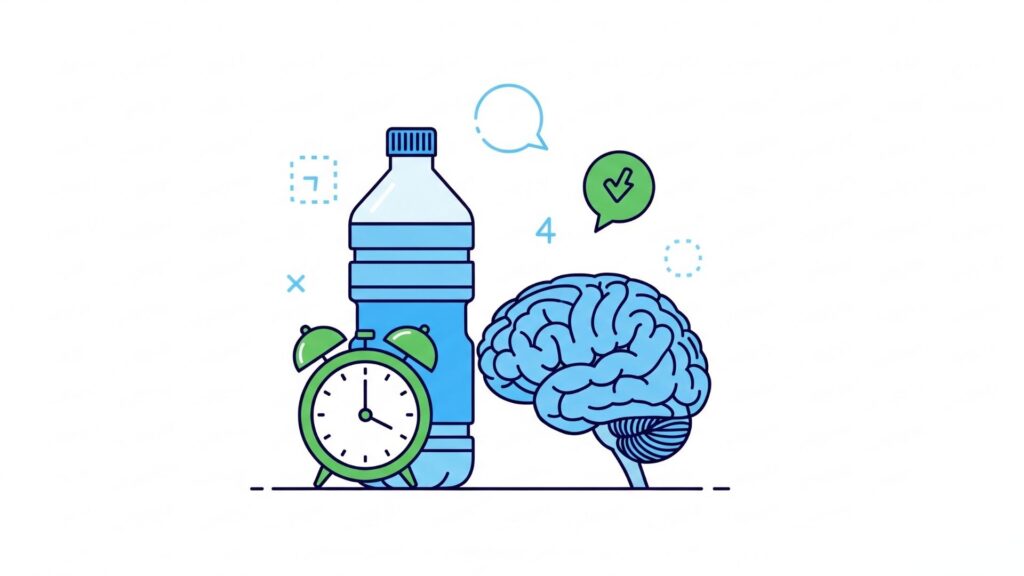 Infografía amigable y clara sobre hidratación saludable, con iconos de una botella de agua, un recordatorio o alarma, y un cerebro saludable. Colores azul y verde predominantes para evocar frescura y bienestar. Estilo profesional pero accesible, que sugiera hábitos y disciplina.