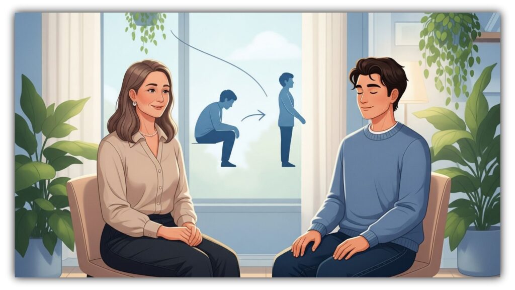 Persona recibiendo apoyo en una sesión de terapia, en un entorno cálido y tranquilo. La imagen transmite alivio emocional, cuidado profesional y el inicio del camino hacia el bienestar