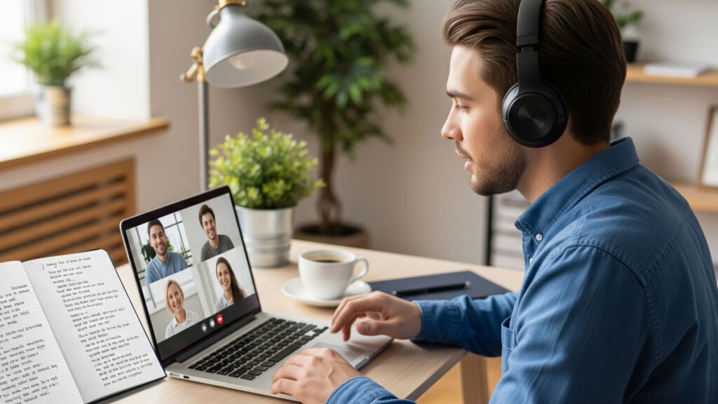 Estudiante de inglés en videollamada grupal con clases en vivo, practicando con confianza desde casa como parte de un programa inmersivo.
