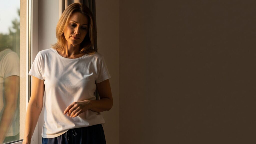 Persona en ropa cómoda frente a una ventana con luz suave, mostrando agotamiento y reflexión.