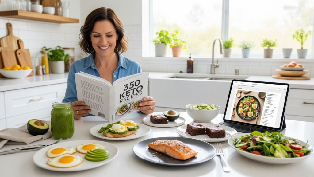 Mujer consultando el recetario "350 Recetas Keto" mientras disfruta de una mesa con platos cetogénicos variados y saludables.
