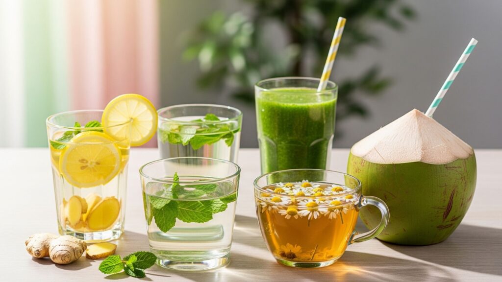 Cinco bebidas saludables en vasos transparentes sobre una mesa clara y luminosa, incluyendo agua con limón y jengibre, té verde, batidos verdes naturales, agua de coco en su fruto y una taza de infusión de hierbas. La escena muestra frescura y bienestar, con fondo natural de plantas y madera clara, iluminada con luz natural que resalta colores vivos y texturas apetitosas. Detalles como rodajas de limón, hojas de menta y trozos de jengibre añaden autenticidad y energía a la composición.
