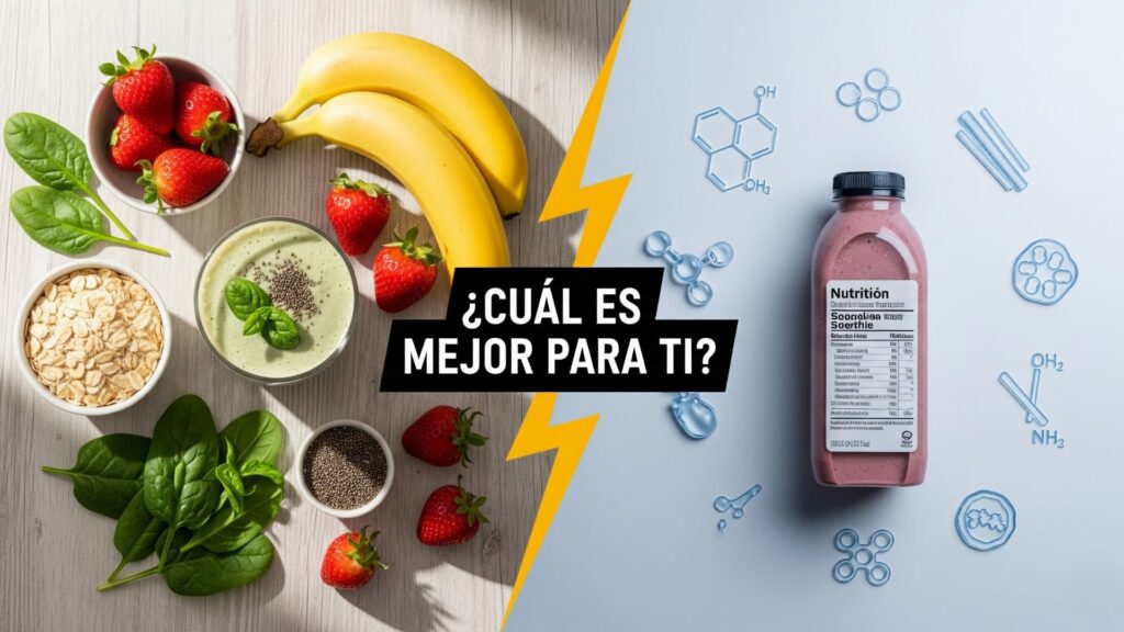 Comparación visual entre un batido saludable casero y uno comercial. A la izquierda, un smoothie saludable en vaso de vidrio rodeado de frutas y semillas frescas sobre una mesa de madera clara con luz cálida. A la derecha, un batido industrial en botella plástica con etiqueta nutricional, rodeado de símbolos de aditivos sobre fondo blanco con luz fría. En el centro, una línea diagonal con el texto: ¿Cuál es mejor para ti?