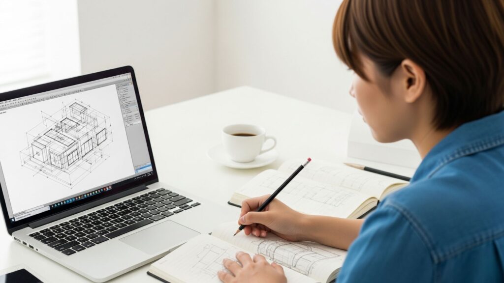 Persona joven usando AutoCAD en laptop, con planos visibles en pantalla, aprendiendo desde casa en un ambiente moderno y organizado.