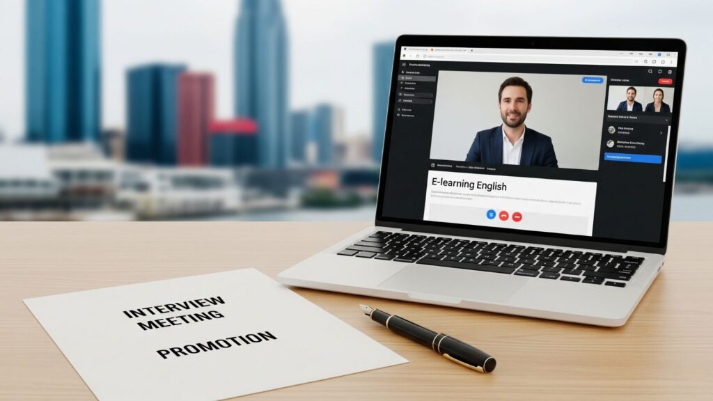 Laptop con curso de inglés activo, hoja con palabras clave y entorno profesional moderno, simbolizando oportunidades laborales gracias al dominio del inglés.