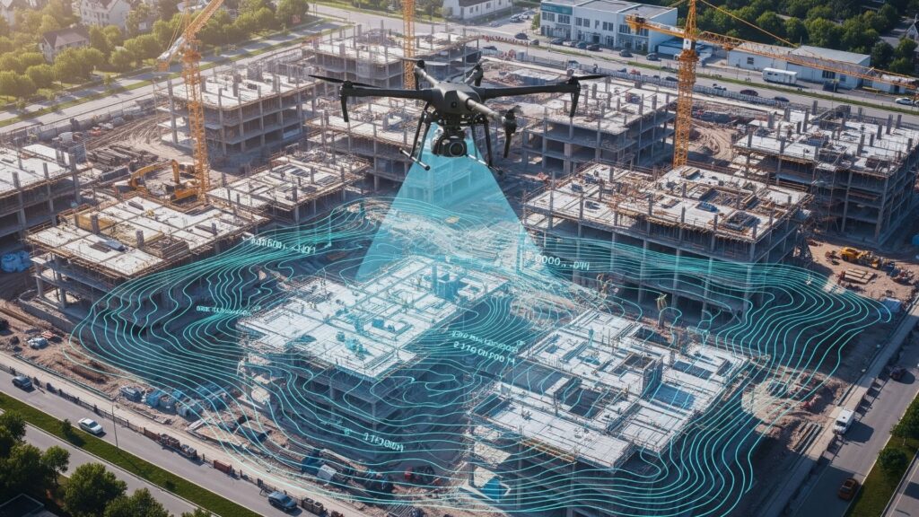 Dron sobrevolando obra en construcción con visualización de datos topográficos digitales, simbolizando el uso de fotogrametría en proyectos de ingeniería moderna.