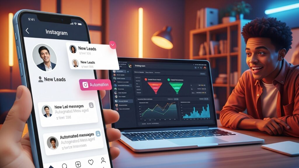 Perfil de Instagram mostrando actividad automatizada, mientras un usuario revisa en su laptop el panel de control del software Insta Leads con resultados positivos.