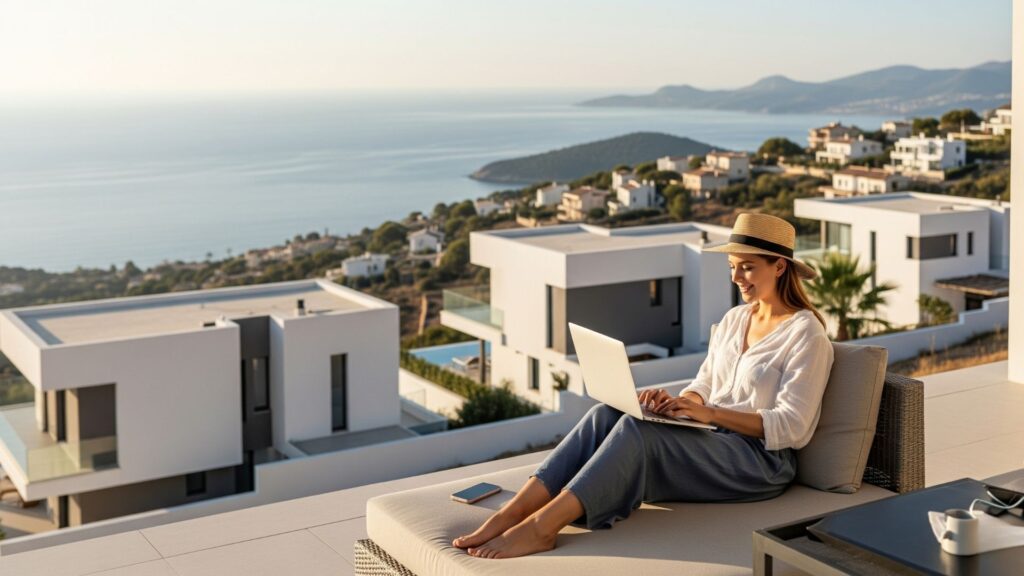 Persona disfrutando de la libertad financiera al trabajar desde una terraza con vista al mar, con propiedades inmobiliarias al fondo, simbolizando ingresos pasivos y estilo de vida libre.