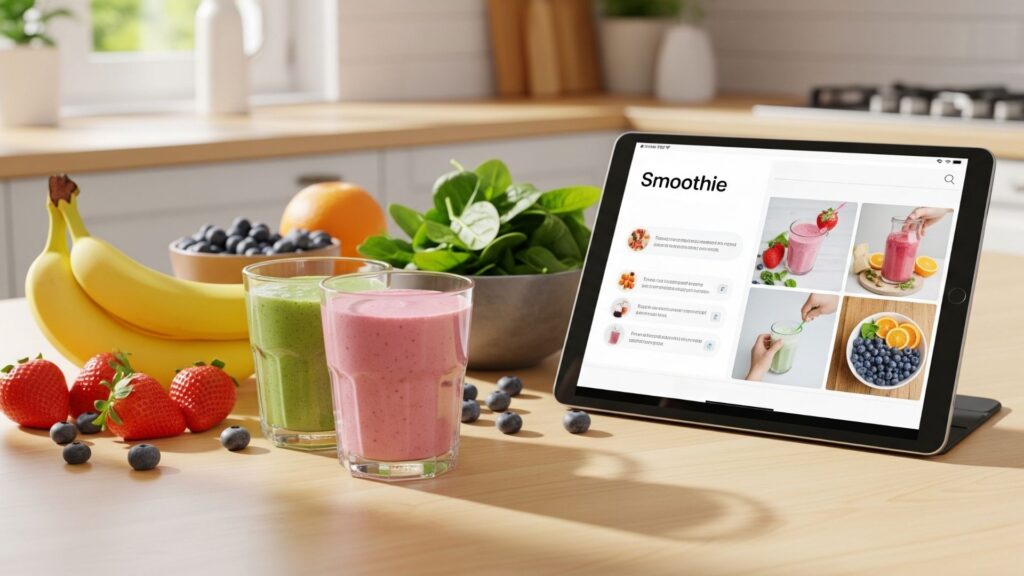 Batido saludable rodeado de frutas frescas en una mesa de cocina iluminada, junto a una tablet con recetas para bajar de peso de forma natural.