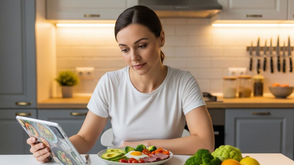 Mujer motivada explorando el Método Keto Fácil en la cocina, rodeada de comida saludable baja en carbohidratos.