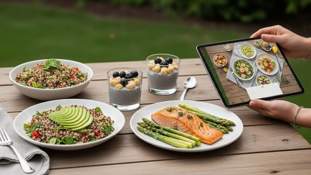 Platos saludables aptos para diabéticos junto a una guía digital de recetas nutritivas y sabrosas para controlar el azúcar.