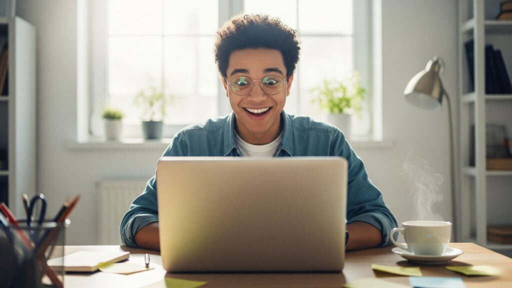 Un joven en su laptop trabajando desde casa obteniendo su primera venta con el curso de Fabio Sernam.