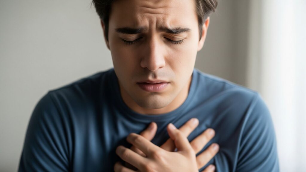 Persona preocupada con taquicardia y dolor en el pecho, ansiedad o infarto.