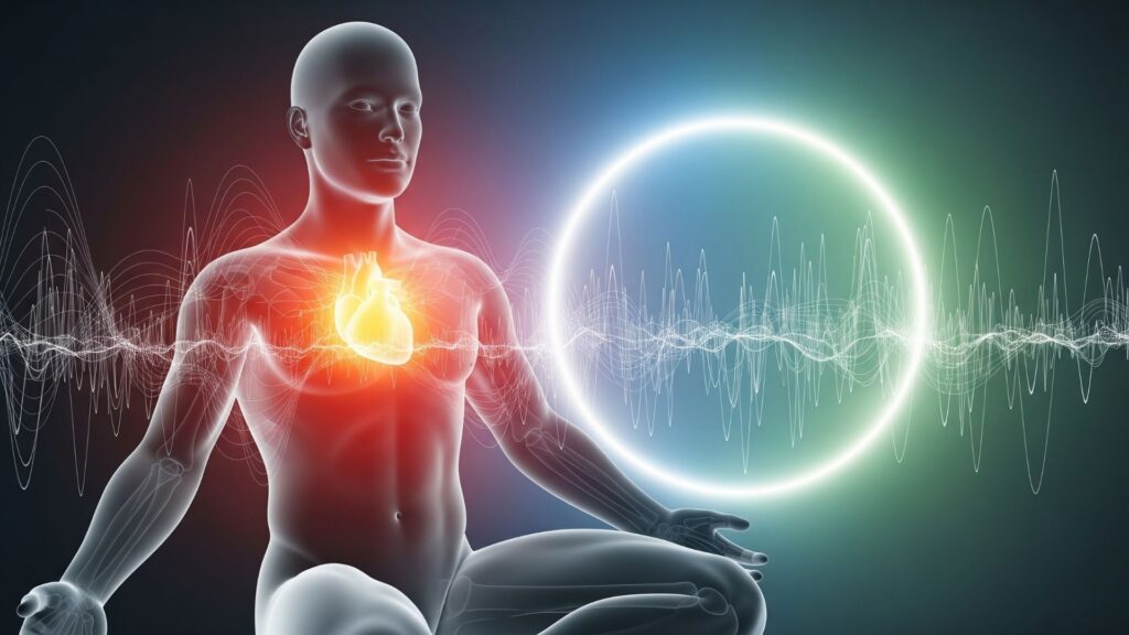 Ilustración de un cuerpo humano semi-transparente con áreas iluminadas que simbolizan los síntomas físicos de la ansiedad, rodeado por ondas que representan tensión, con un fondo calmante en azul y verde