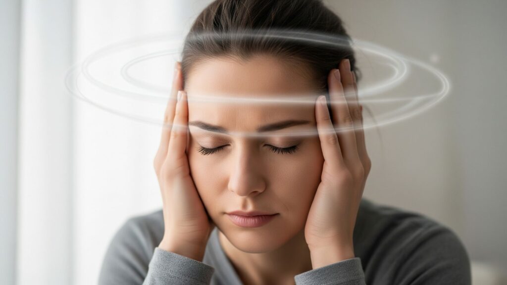 Persona sosteniendo suavemente su cabeza con ojos cerrados, con un efecto sutil de desenfoque y distorsión que simboliza mareos y visión borrosa por ansiedad.