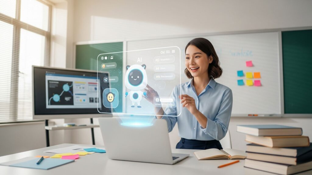 Docente usando inteligencia artificial en su laptop para planificar clases, rodeado de materiales educativos, representando la integración de tecnología en la enseñanza.