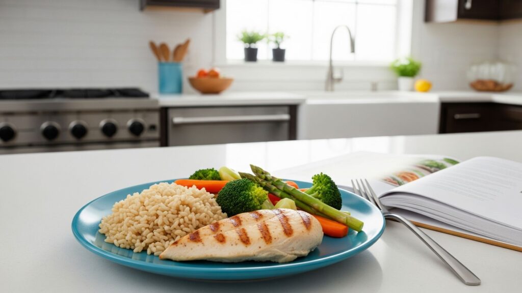Plato fitness con pollo, vegetales y arroz integral junto a una guía digital de recetas saludables para perder peso.