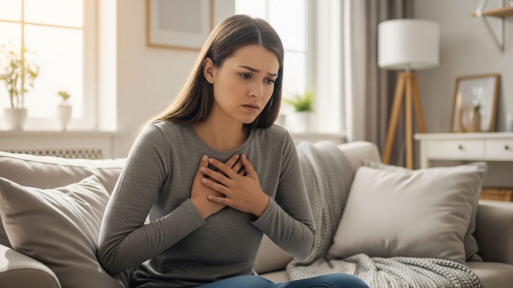 Persona experimentando dolor en el pecho por ansiedad, síntomas visibles.