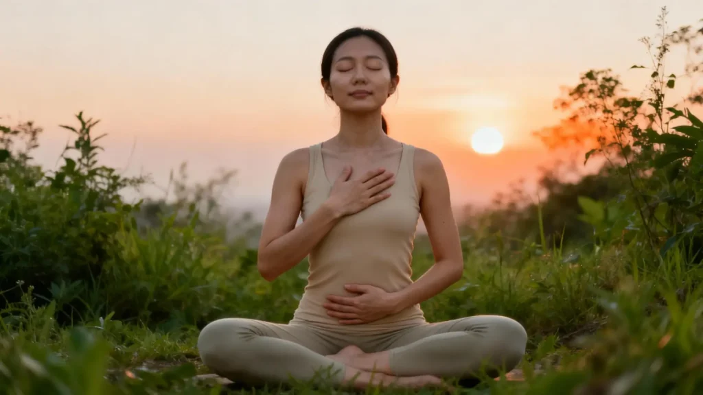 Mujer relajada escuchando a su cuerpo en la naturaleza, con los ojos cerrados y respiración consciente, símbolo de sanación y bienestar.