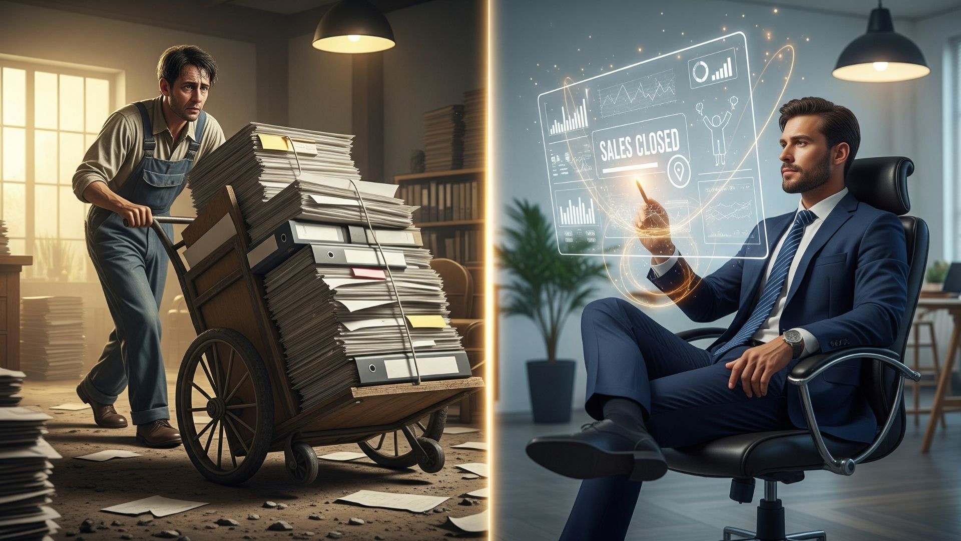 Ilustración de dos caminos: uno lento y manual, otro automatizado y eficiente para atraer clientes